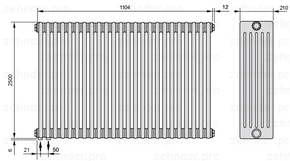 Схема (чертеж) Радиатор Zehnder Charleston 6250/24 №3370 Белый глянцевый RAL 9016